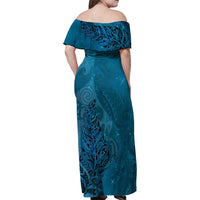 New Zealand Matariki Family Matching Off Shoulder Maxi Dress and Hawaiian Shirt Maori Manaia Galaxy Silver Fern Blue Color
