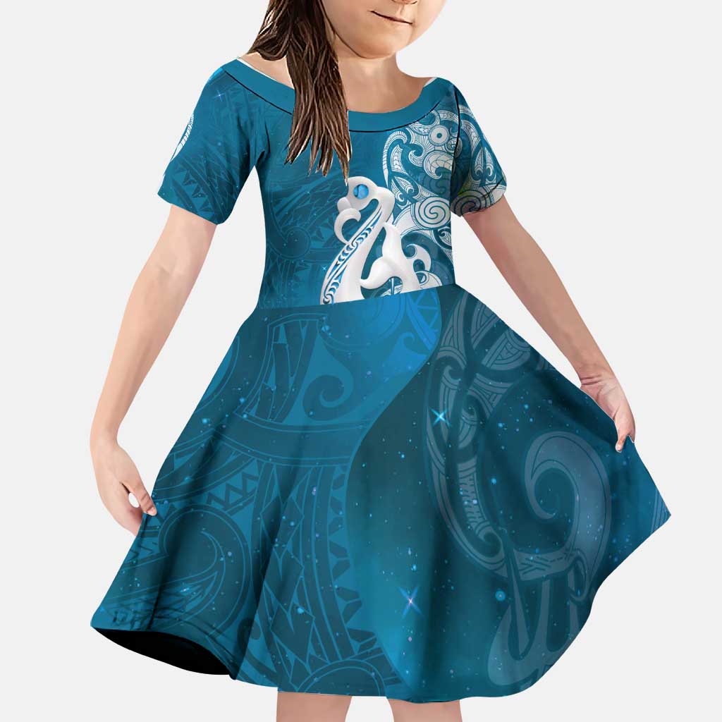New Zealand Matariki Family Matching Off Shoulder Short Dress and Hawaiian Shirt Maori Manaia Galaxy Silver Fern Blue Color