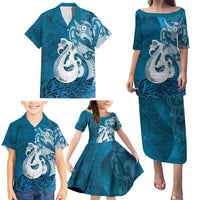 New Zealand Matariki Family Matching Puletasi and Hawaiian Shirt Maori Manaia Galaxy Silver Fern Blue Color