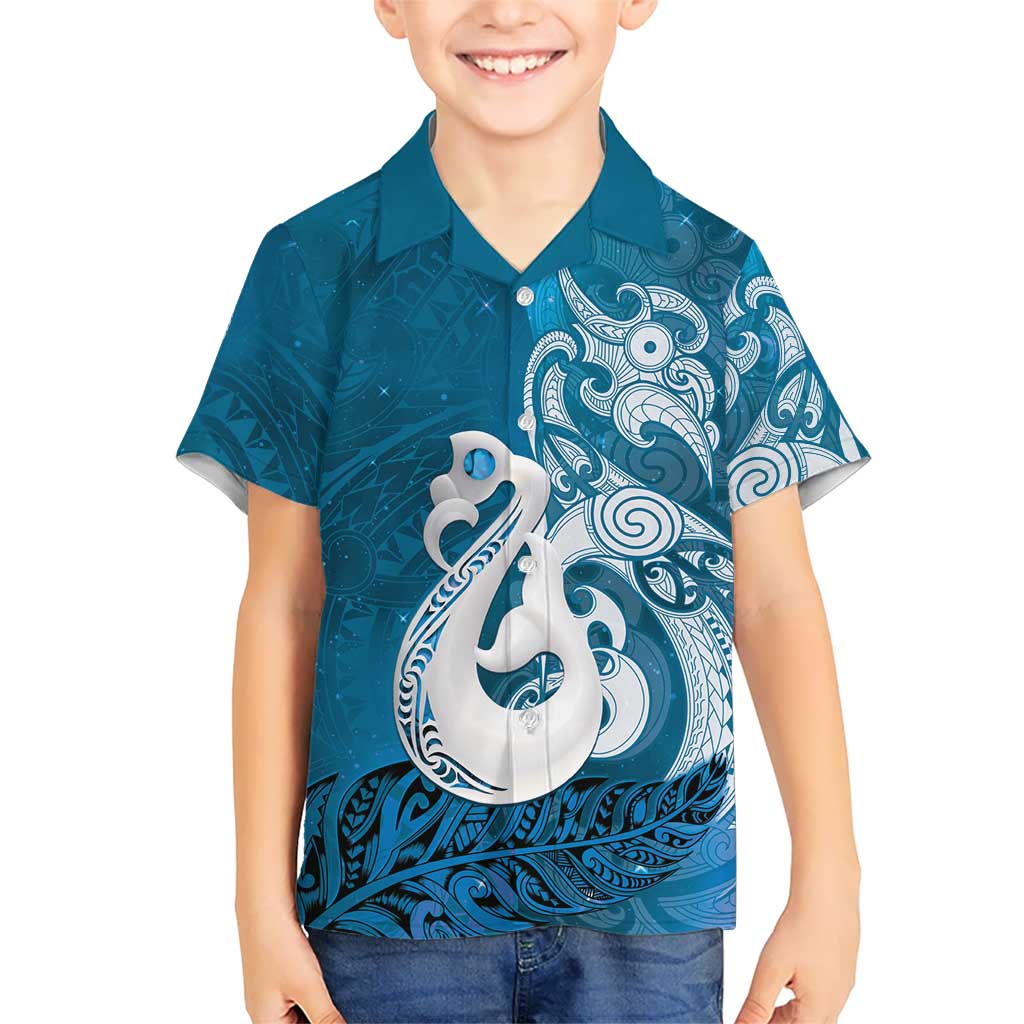 New Zealand Matariki Family Matching Puletasi and Hawaiian Shirt Maori Manaia Galaxy Silver Fern Blue Color