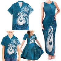New Zealand Matariki Family Matching Tank Maxi Dress and Hawaiian Shirt Maori Manaia Galaxy Silver Fern Blue Color