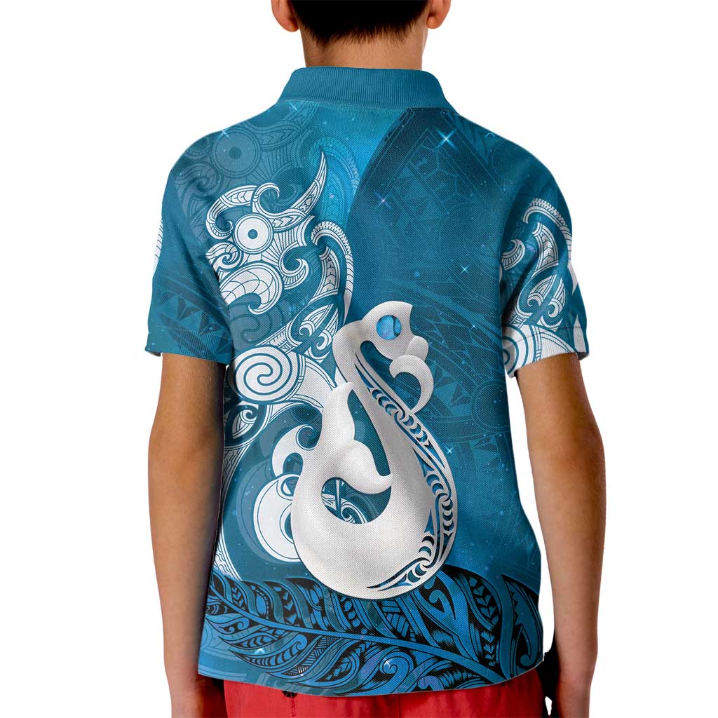 New Zealand Matariki Kid Polo Shirt Maori Manaia Galaxy Silver Fern Blue Color