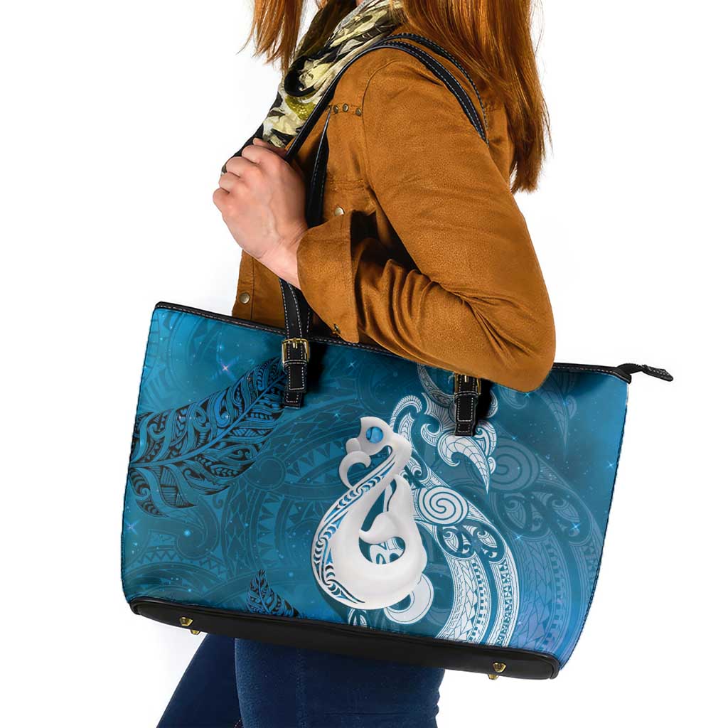 New Zealand Matariki Leather Tote Bag Maori Manaia Galaxy Silver Fern Blue Color LT22 Blue - Polynesian Pride