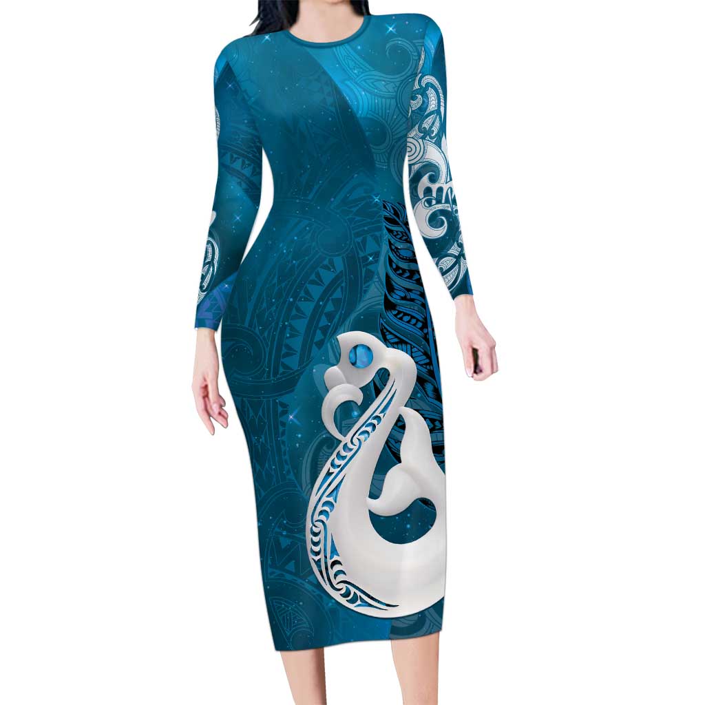 New Zealand Matariki Long Sleeve Bodycon Dress Maori Manaia Galaxy Silver Fern Blue Color