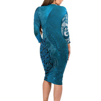 New Zealand Matariki Long Sleeve Bodycon Dress Maori Manaia Galaxy Silver Fern Blue Color