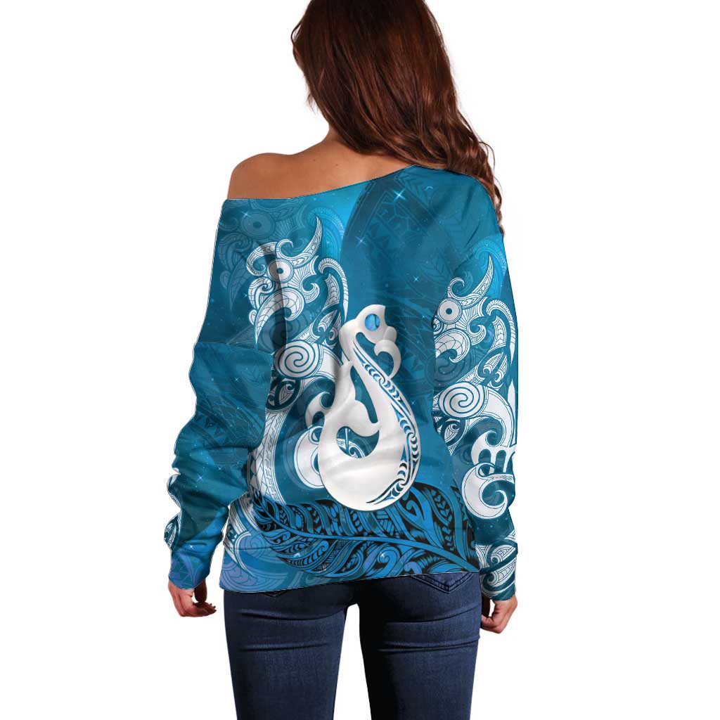 New Zealand Matariki Off Shoulder Sweater Maori Manaia Galaxy Silver Fern Blue Color LT22 - Polynesian Pride