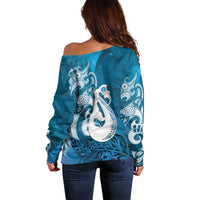 New Zealand Matariki Off Shoulder Sweater Maori Manaia Galaxy Silver Fern Blue Color LT22 - Polynesian Pride