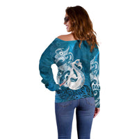 New Zealand Matariki Off Shoulder Sweater Maori Manaia Galaxy Silver Fern Blue Color LT22 - Polynesian Pride
