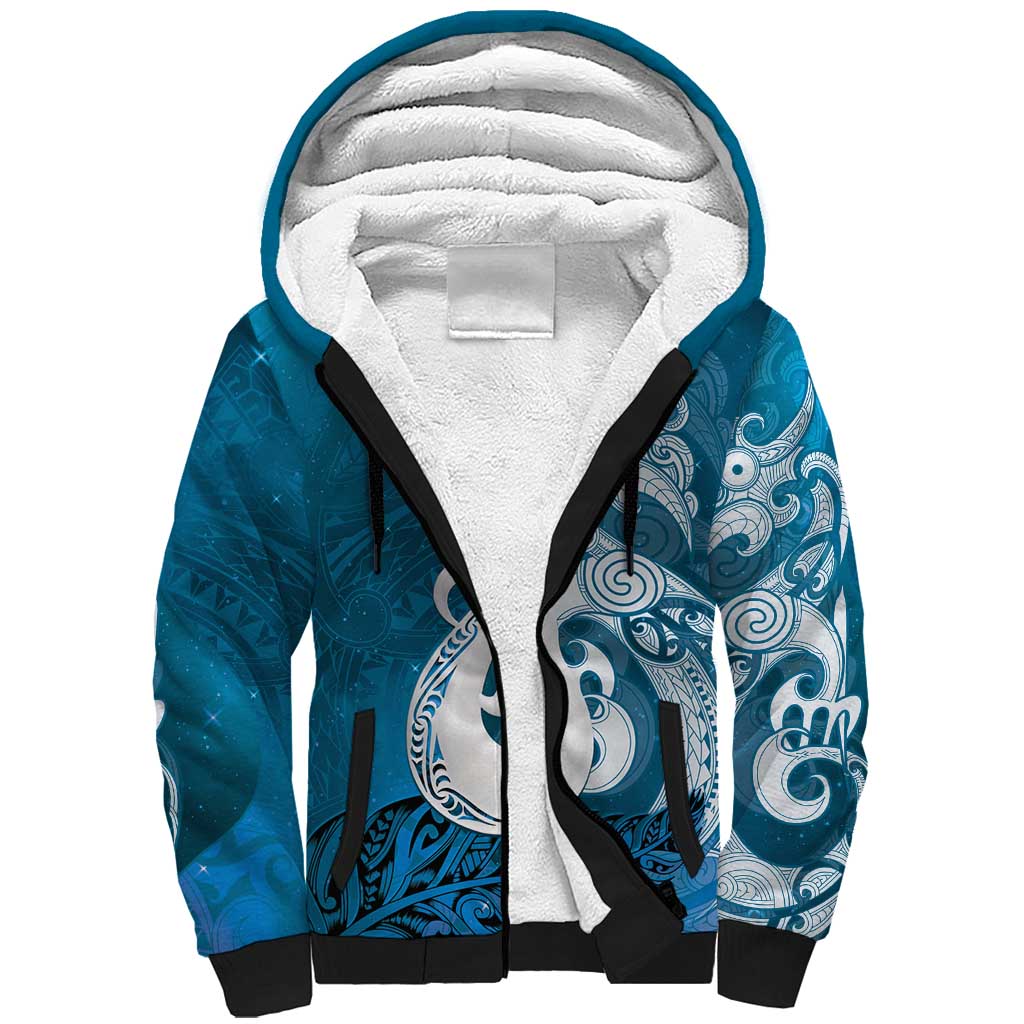 New Zealand Matariki Sherpa Hoodie Maori Manaia Galaxy Silver Fern Blue Color LT22 Unisex Blue - Polynesian Pride