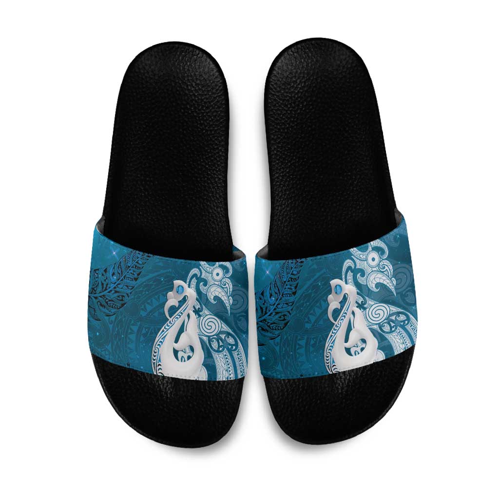 New Zealand Matariki Slide Sandals Maori Manaia Galaxy Silver Fern Blue Color