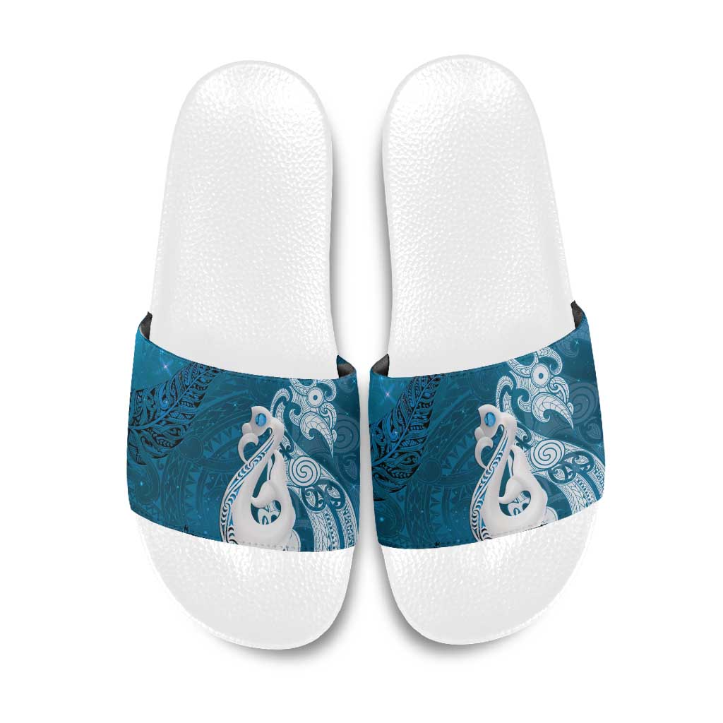 New Zealand Matariki Slide Sandals Maori Manaia Galaxy Silver Fern Blue Color
