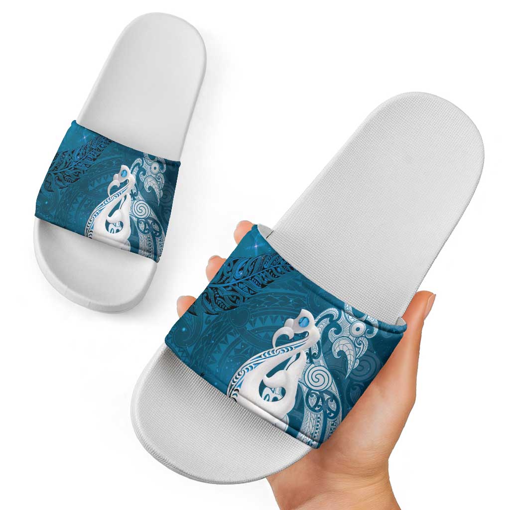 New Zealand Matariki Slide Sandals Maori Manaia Galaxy Silver Fern Blue Color