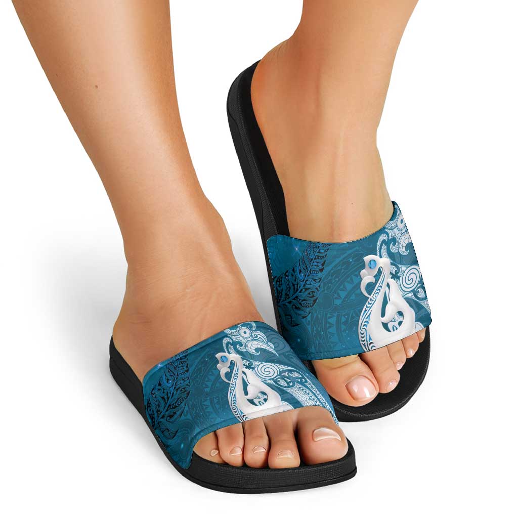 New Zealand Matariki Slide Sandals Maori Manaia Galaxy Silver Fern Blue Color