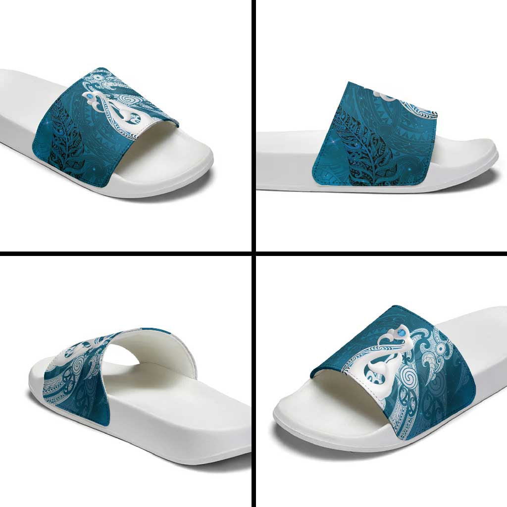 New Zealand Matariki Slide Sandals Maori Manaia Galaxy Silver Fern Blue Color