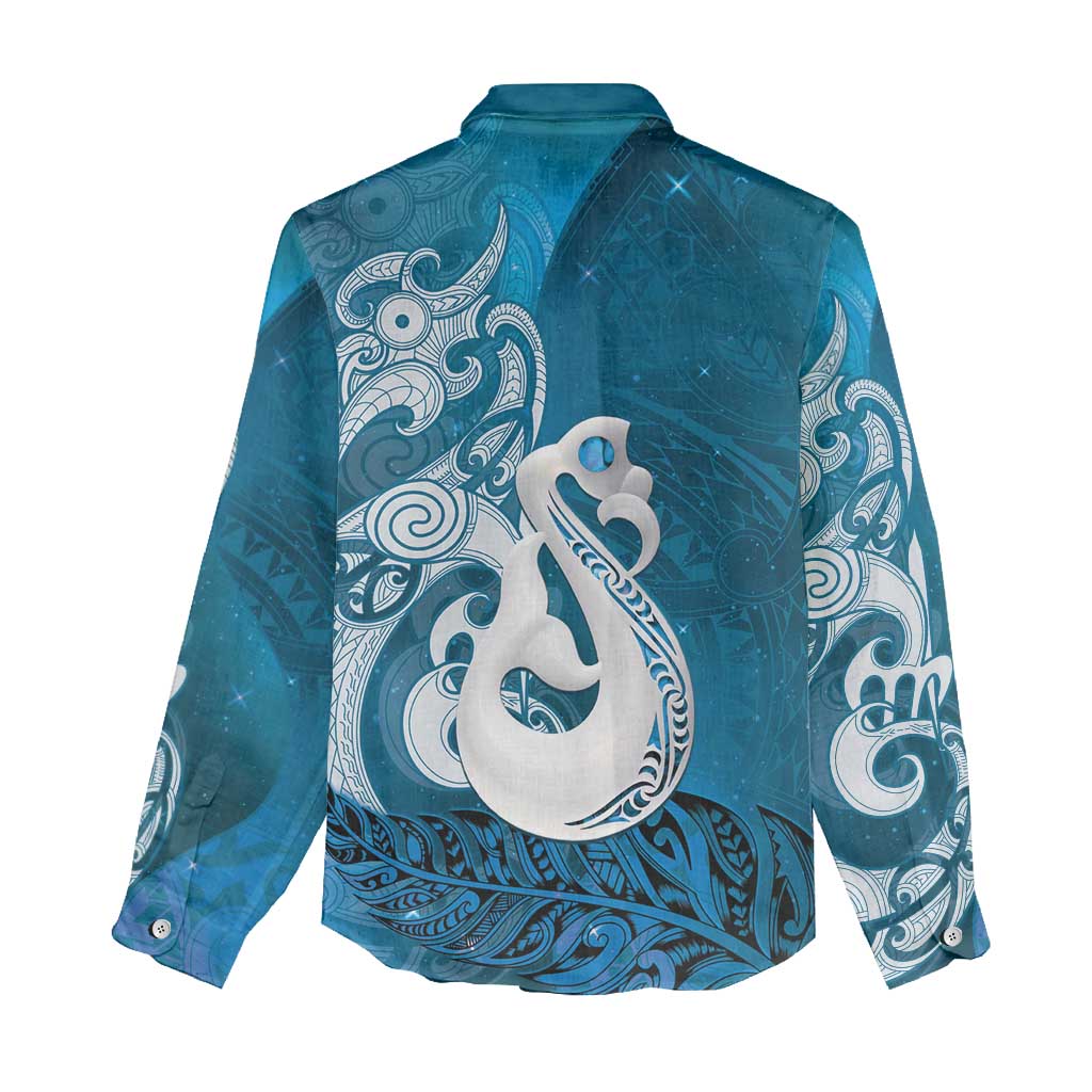 New Zealand Matariki Women Casual Shirt Maori Manaia Galaxy Silver Fern Blue Color