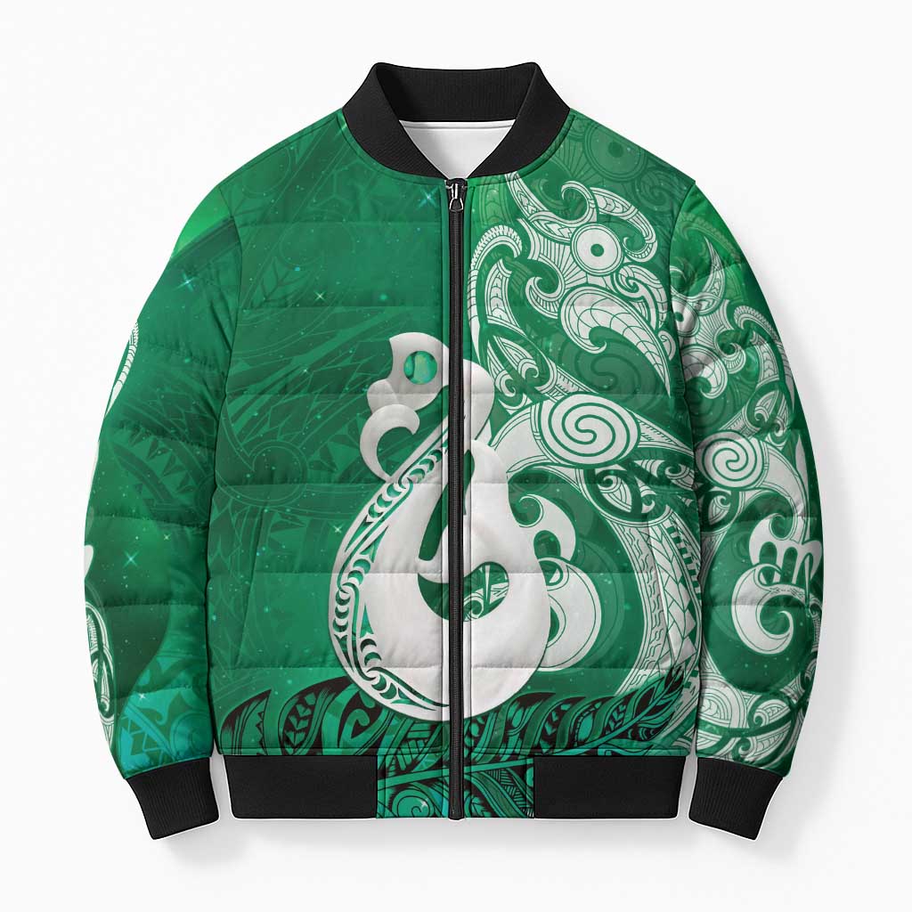 New Zealand Matariki Bomber Puffer Jacket Maori Manaia Galaxy Silver Fern Green Color LT22 Unisex Green - Polynesian Pride