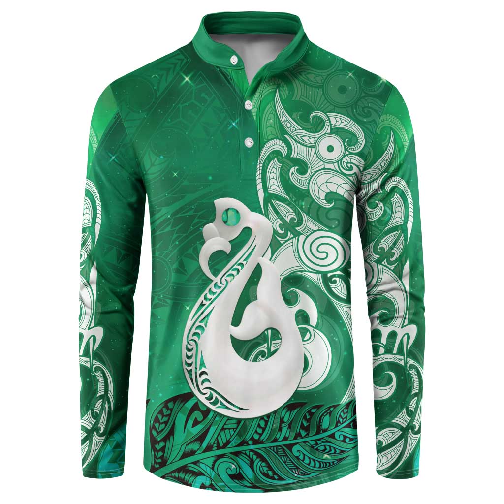 New Zealand Matariki Button Sweatshirt Maori Manaia Galaxy Silver Fern Green Color LT22 Green - Polynesian Pride