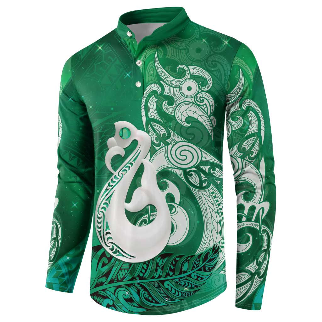 New Zealand Matariki Button Sweatshirt Maori Manaia Galaxy Silver Fern Green Color LT22 - Polynesian Pride