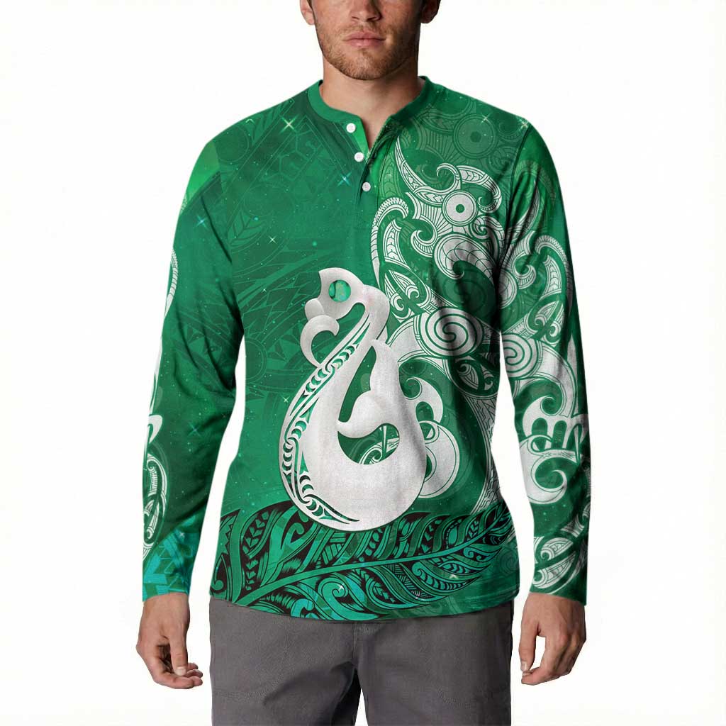 New Zealand Matariki Button Sweatshirt Maori Manaia Galaxy Silver Fern Green Color LT22 - Polynesian Pride