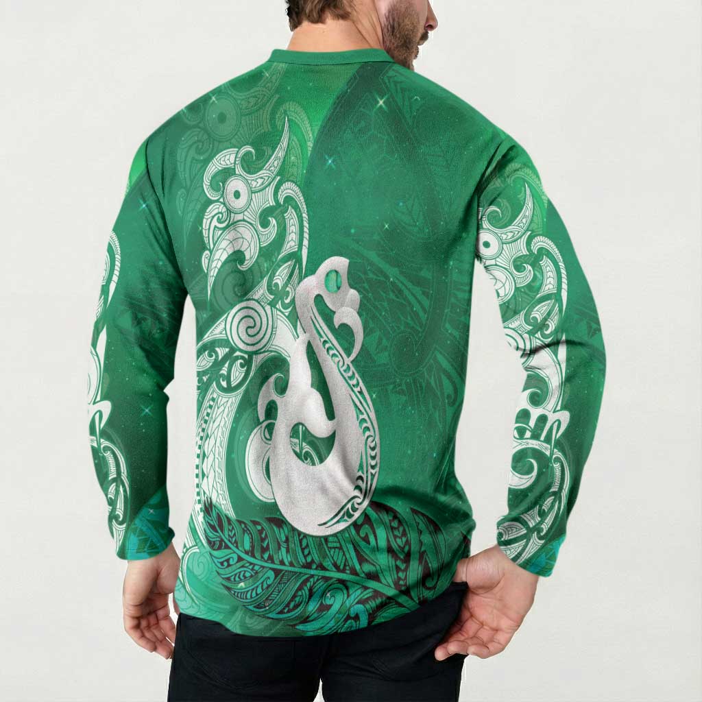 New Zealand Matariki Button Sweatshirt Maori Manaia Galaxy Silver Fern Green Color LT22 - Polynesian Pride