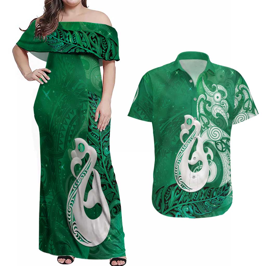 New Zealand Matariki Couples Matching Off Shoulder Maxi Dress and Hawaiian Shirt Maori Manaia Galaxy Silver Fern Green Color