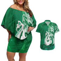 New Zealand Matariki Couples Matching Off Shoulder Short Dress and Hawaiian Shirt Maori Manaia Galaxy Silver Fern Green Color