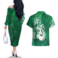 New Zealand Matariki Couples Matching Off The Shoulder Long Sleeve Dress and Hawaiian Shirt Maori Manaia Galaxy Silver Fern Green Color