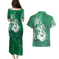New Zealand Matariki Couples Matching Puletasi and Hawaiian Shirt Maori Manaia Galaxy Silver Fern Green Color