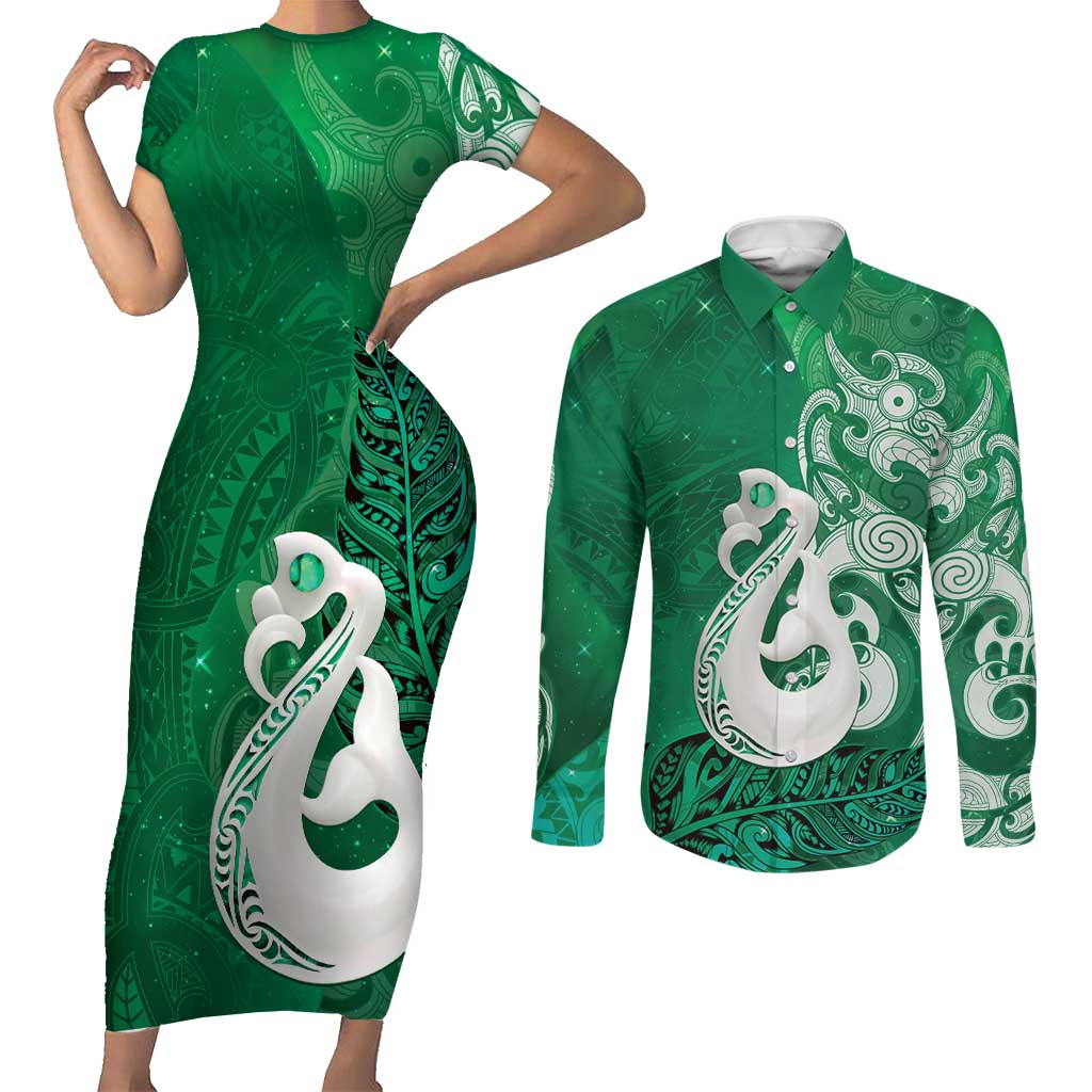 New Zealand Matariki Couples Matching Short Sleeve Bodycon Dress and Long Sleeve Button Shirt Maori Manaia Galaxy Silver Fern Green Color
