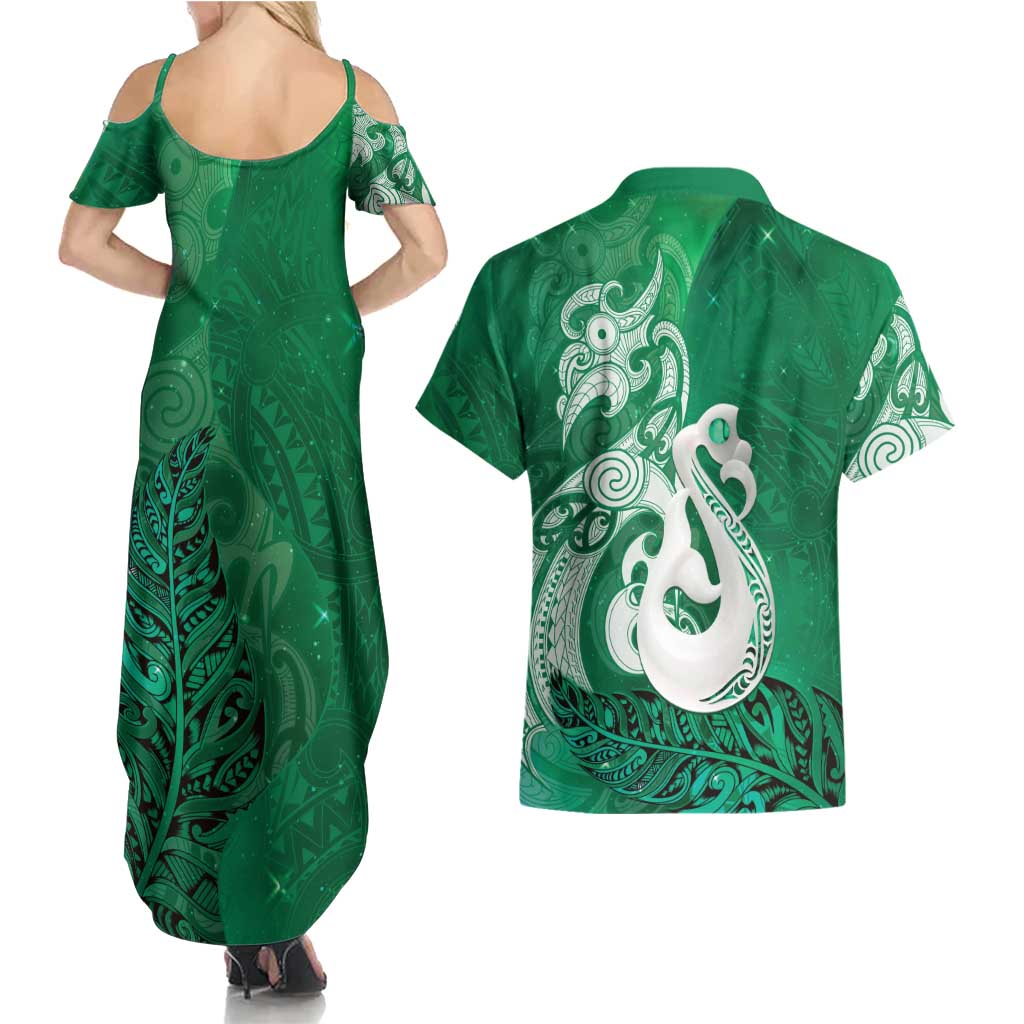 New Zealand Matariki Couples Matching Summer Maxi Dress and Hawaiian Shirt Maori Manaia Galaxy Silver Fern Green Color