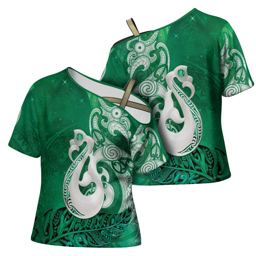 New Zealand Matariki Cross Shoulder Shirt Maori Manaia Galaxy Silver Fern Green Color