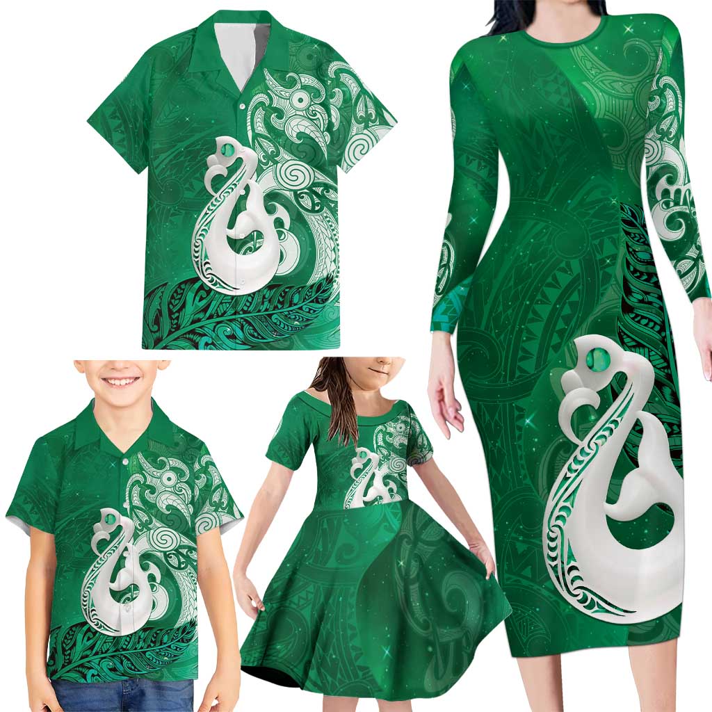 New Zealand Matariki Family Matching Long Sleeve Bodycon Dress and Hawaiian Shirt Maori Manaia Galaxy Silver Fern Green Color LT22 - Polynesian Pride