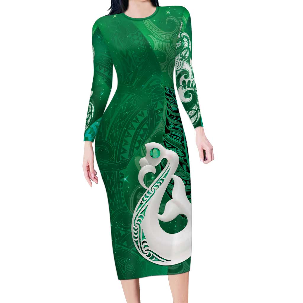 New Zealand Matariki Family Matching Long Sleeve Bodycon Dress and Hawaiian Shirt Maori Manaia Galaxy Silver Fern Green Color