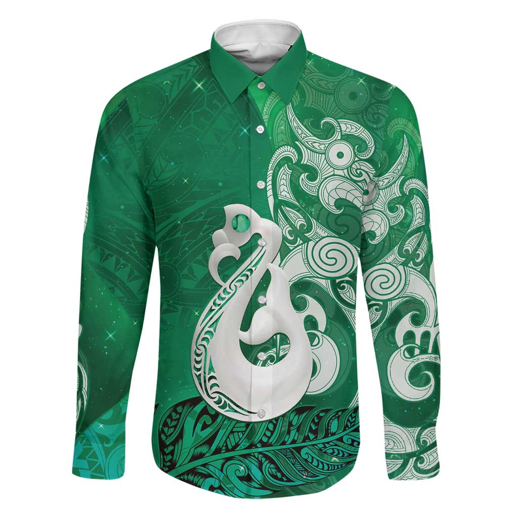 New Zealand Matariki Family Matching Off The Shoulder Long Sleeve Dress and Hawaiian Shirt Maori Manaia Galaxy Silver Fern Green Color