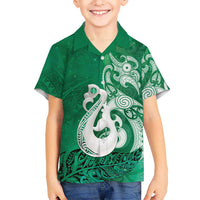 New Zealand Matariki Family Matching Off The Shoulder Long Sleeve Dress and Hawaiian Shirt Maori Manaia Galaxy Silver Fern Green Color