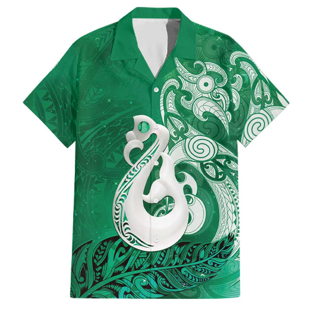 New Zealand Matariki Family Matching Off Shoulder Maxi Dress and Hawaiian Shirt Maori Manaia Galaxy Silver Fern Green Color