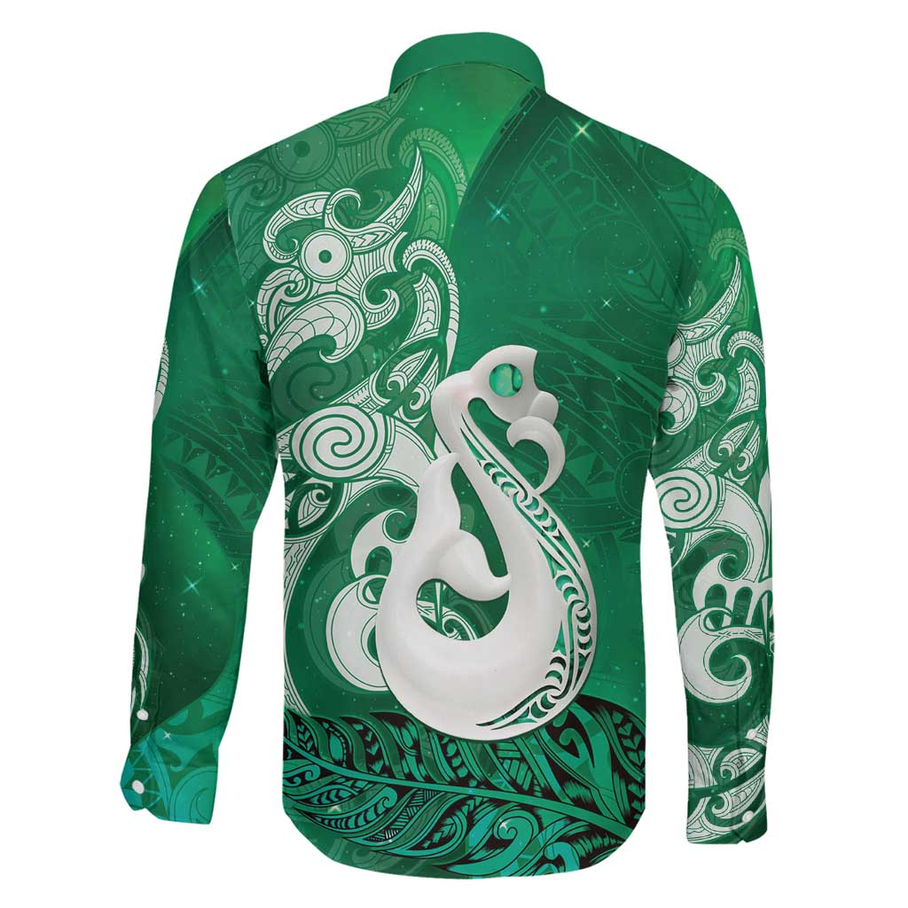 New Zealand Matariki Family Matching Off Shoulder Maxi Dress and Hawaiian Shirt Maori Manaia Galaxy Silver Fern Green Color