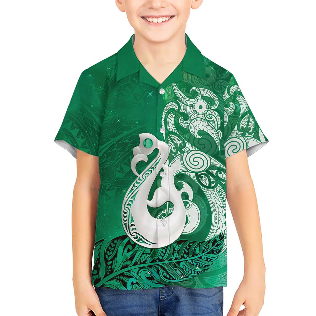 New Zealand Matariki Family Matching Off Shoulder Maxi Dress and Hawaiian Shirt Maori Manaia Galaxy Silver Fern Green Color