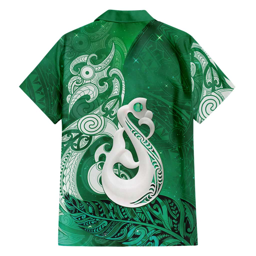 New Zealand Matariki Family Matching Off Shoulder Short Dress and Hawaiian Shirt Maori Manaia Galaxy Silver Fern Green Color