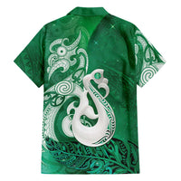 New Zealand Matariki Family Matching Off Shoulder Short Dress and Hawaiian Shirt Maori Manaia Galaxy Silver Fern Green Color