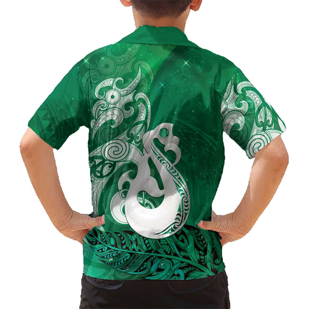 New Zealand Matariki Family Matching Short Sleeve Bodycon Dress and Hawaiian Shirt Maori Manaia Galaxy Silver Fern Green Color