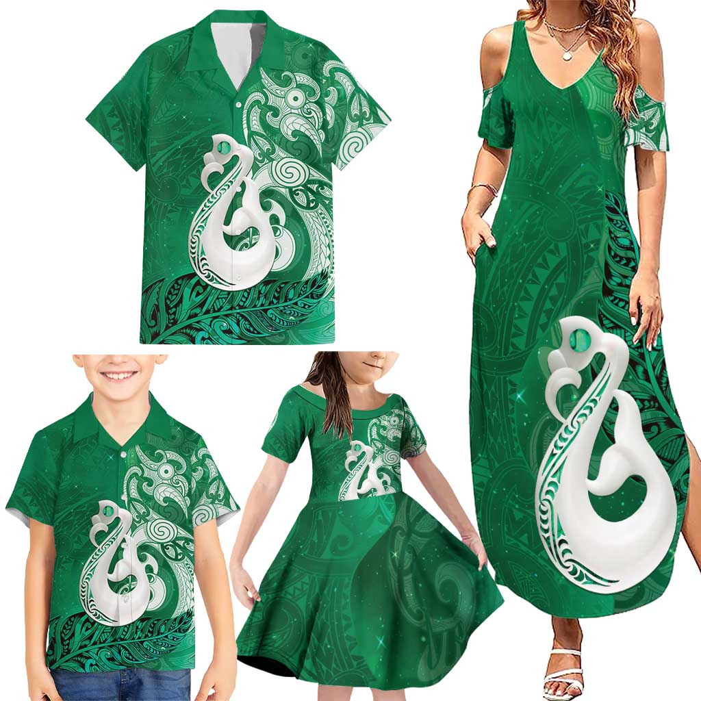 New Zealand Matariki Family Matching Summer Maxi Dress and Hawaiian Shirt Maori Manaia Galaxy Silver Fern Green Color LT22 - Polynesian Pride