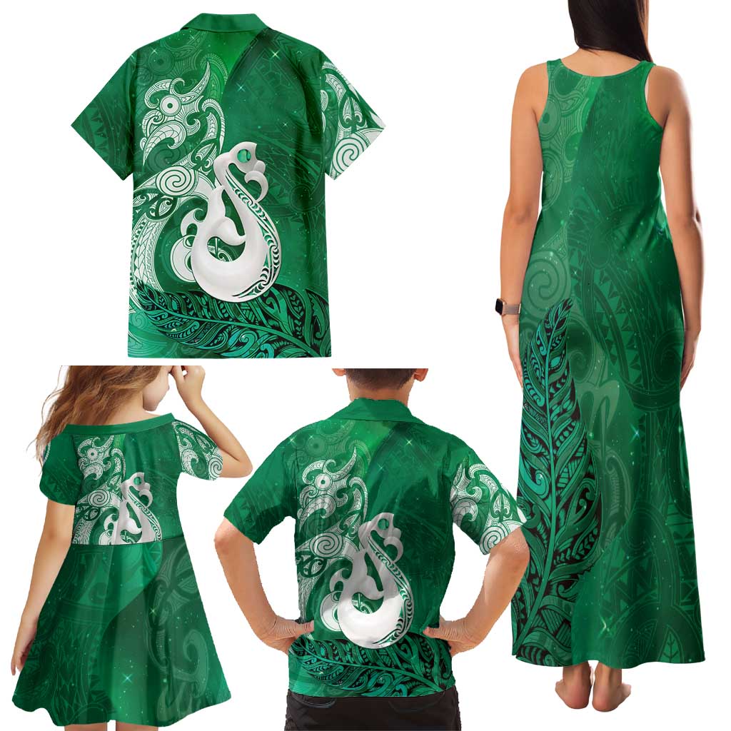 New Zealand Matariki Family Matching Tank Maxi Dress and Hawaiian Shirt Maori Manaia Galaxy Silver Fern Green Color