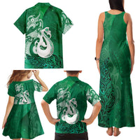 New Zealand Matariki Family Matching Tank Maxi Dress and Hawaiian Shirt Maori Manaia Galaxy Silver Fern Green Color