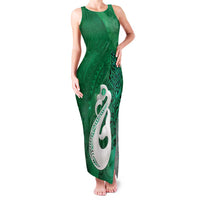 New Zealand Matariki Family Matching Tank Maxi Dress and Hawaiian Shirt Maori Manaia Galaxy Silver Fern Green Color