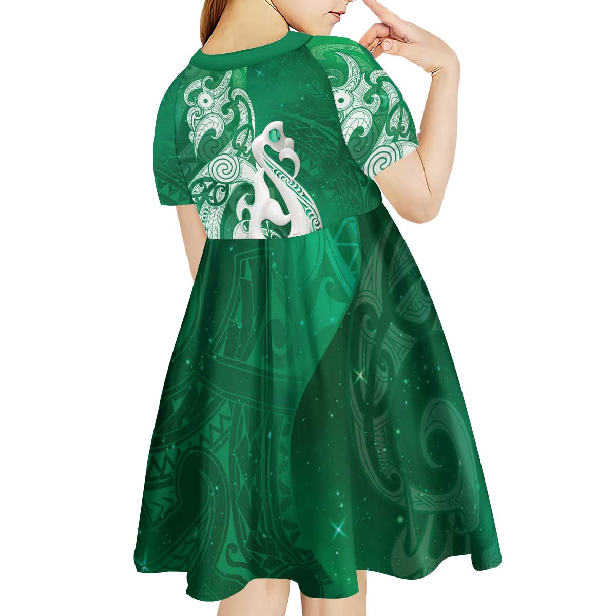 New Zealand Matariki Kid Short Sleeve Dress Maori Manaia Galaxy Silver Fern Green Color