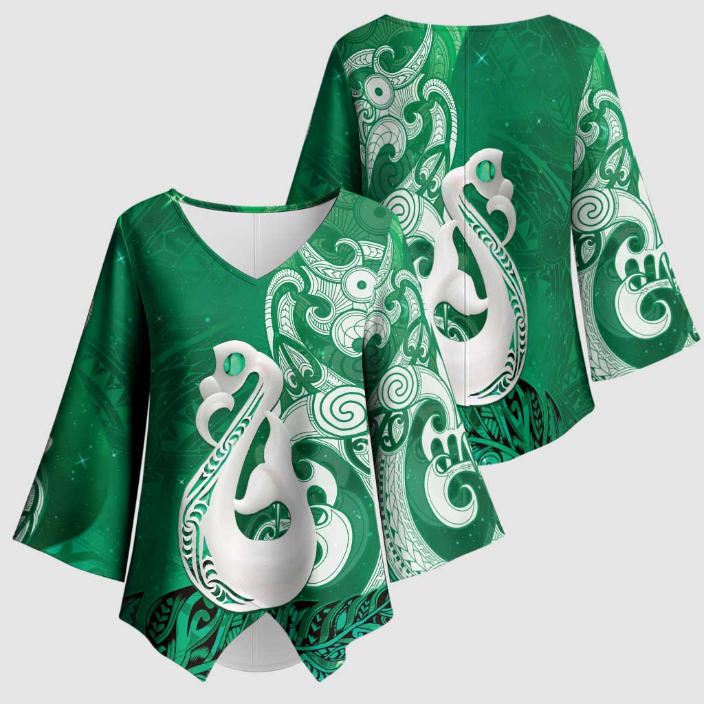 New Zealand Matariki Kimono Sleeve Blouse Maori Manaia Galaxy Silver Fern Green Color