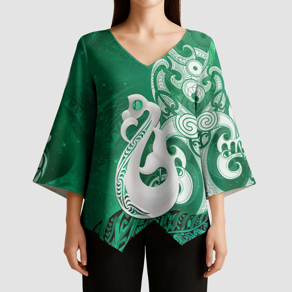 New Zealand Matariki Kimono Sleeve Blouse Maori Manaia Galaxy Silver Fern Green Color