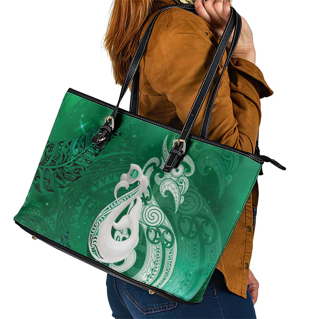 New Zealand Matariki Leather Tote Bag Maori Manaia Galaxy Silver Fern Green Color