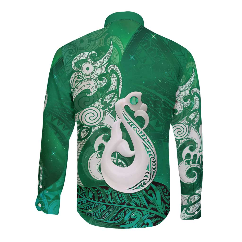 New Zealand Matariki Long Sleeve Button Shirt Maori Manaia Galaxy Silver Fern Green Color